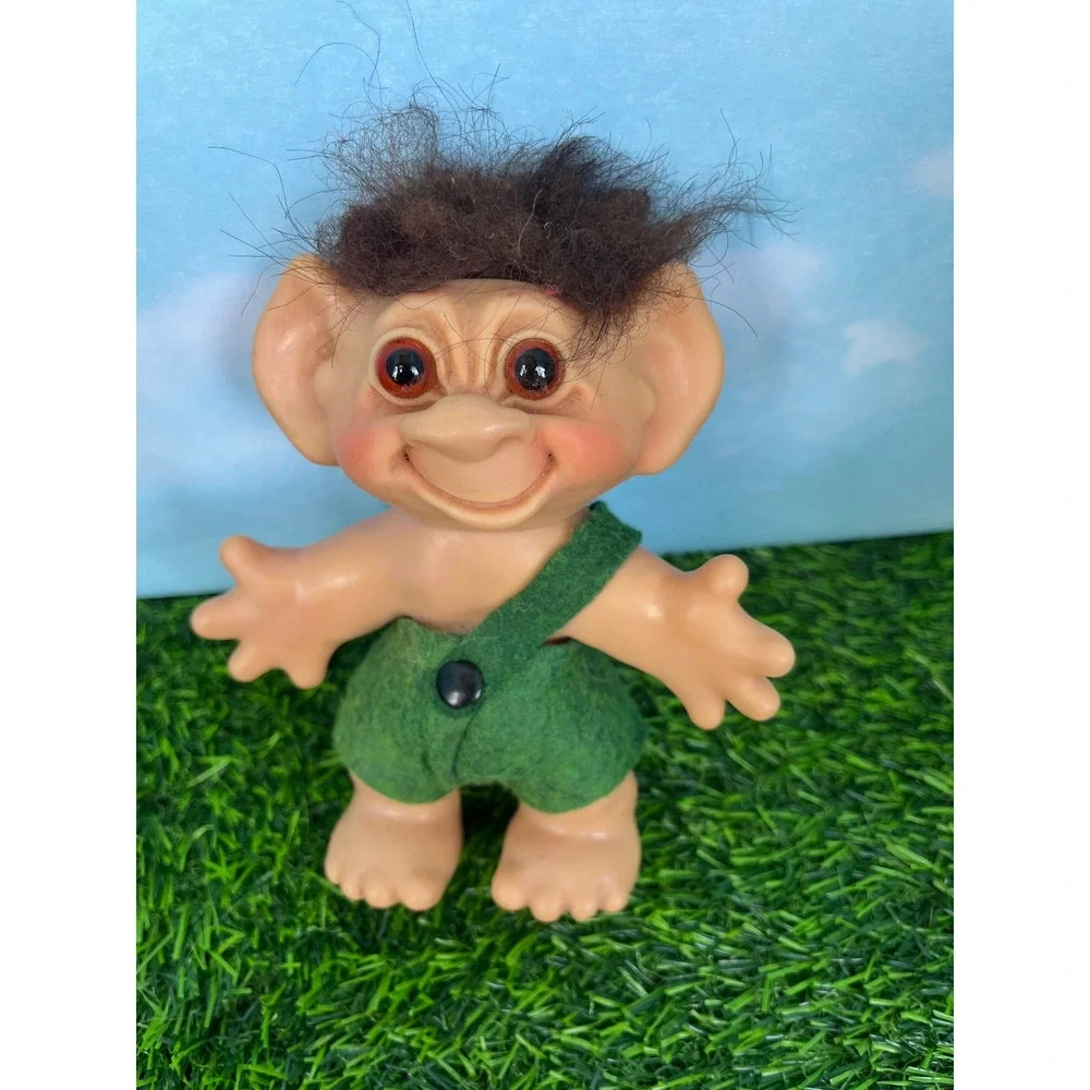 Vintage Thomas Dam Troll Doll Brown Hair Amber Eyes Green Overalls Collectible